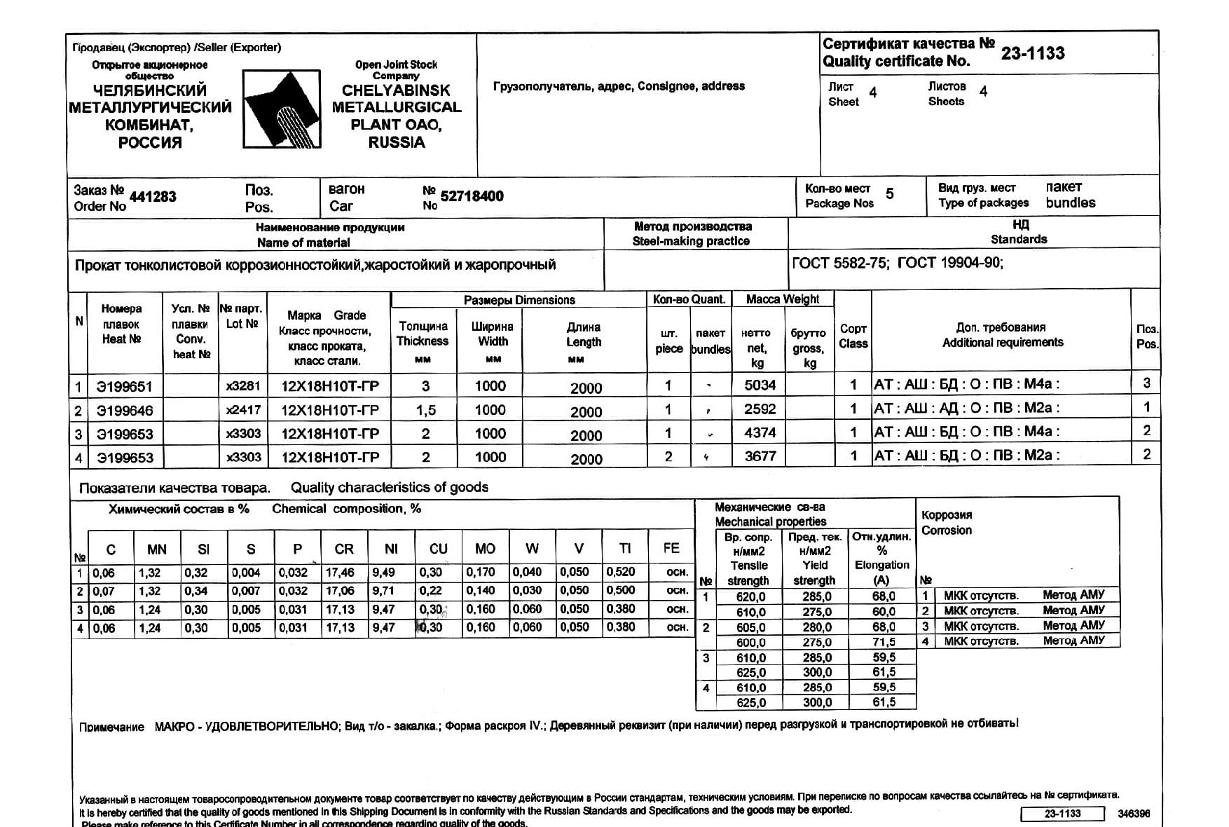 Сертификат на лист стальной нержавеющий 1,5х1000х2000 от 11-07 (1.1)